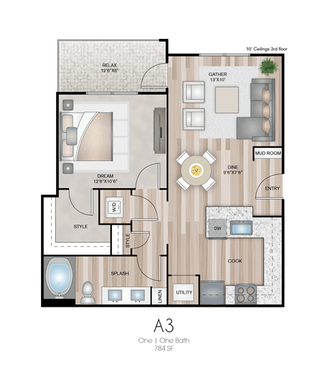 Floor plan for 1 bed, 1 bath, 784 sqft